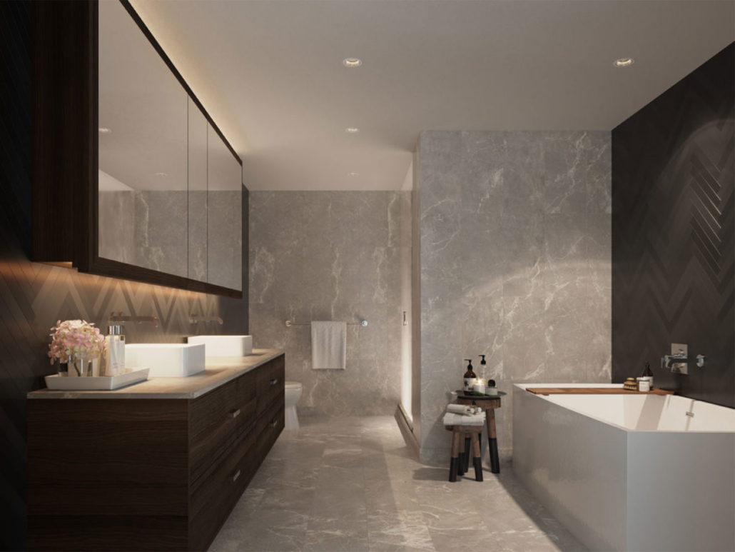 The Well Condos -  Master Bathroom with Tub and Stand-In shower 